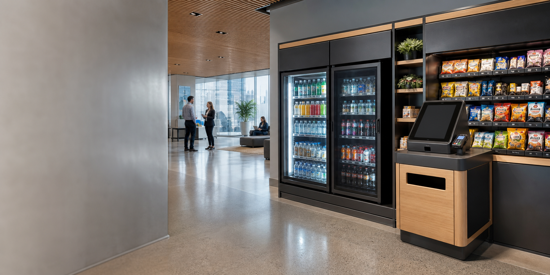 Modern vending machines and unattended retail coolers in a bright office lobby